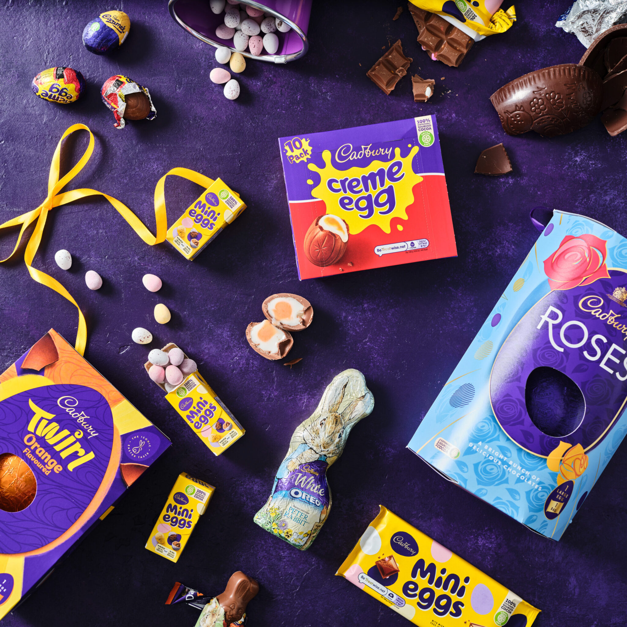 Ocado Cadburys flat lay with Easter eggs on a purple background