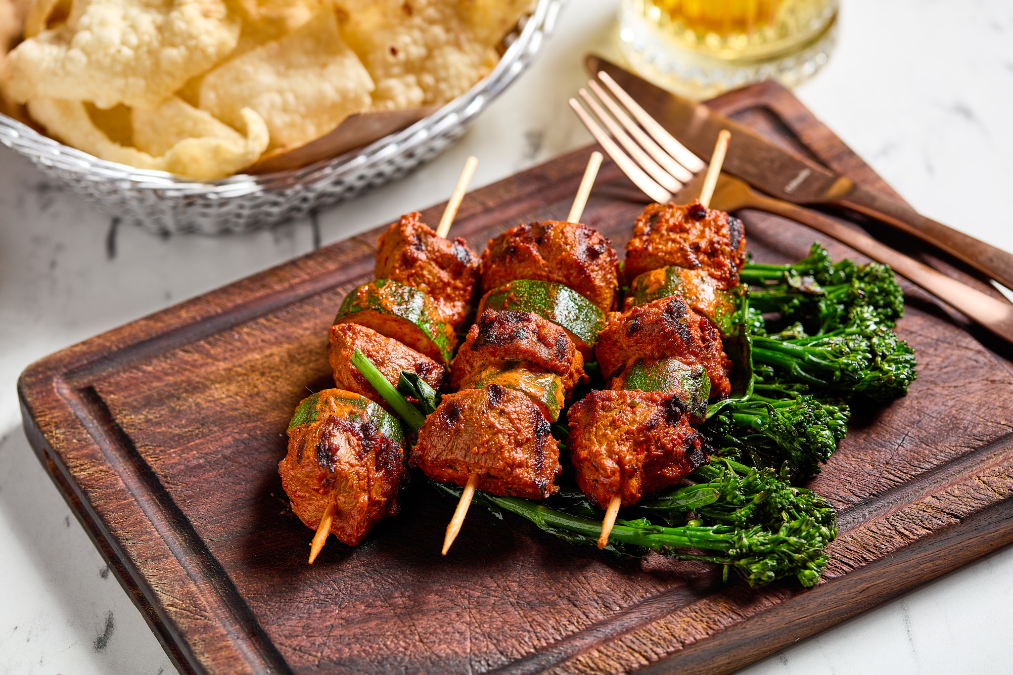 Spicy Chicken and Zucchini Skewers with Broccolini