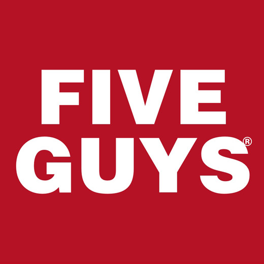Five Guys logo: bold red background, white sans-serif text, stacked and centred.