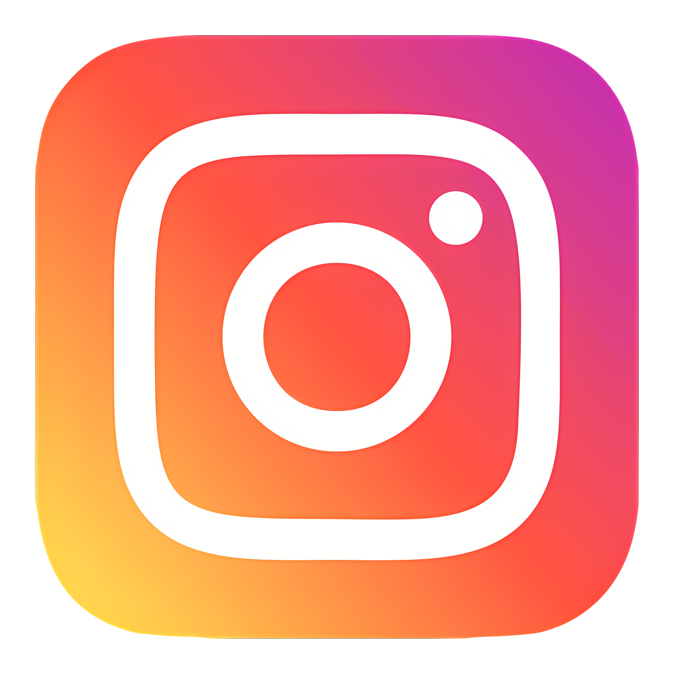 Instagram logo with white camera icon on pink, purple, orange and yellow gradient background.